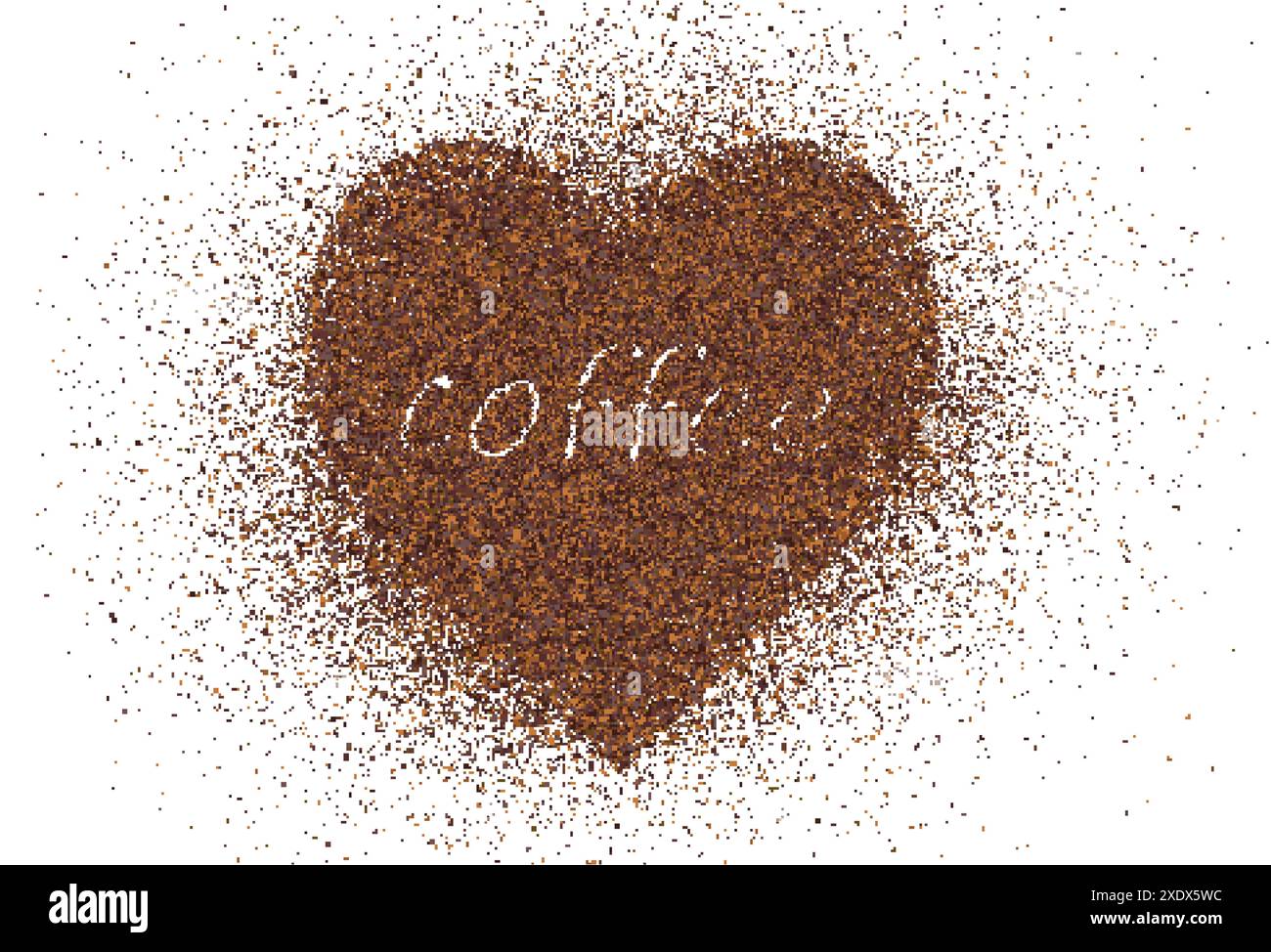 Le mot café est écrit avec de la poudre dispersée. Texte fabriqué à partir de poudre de café ou de chocolat qui volent des particules de poussière sur la forme d'un coeur. Granulés broyés de Illustration de Vecteur