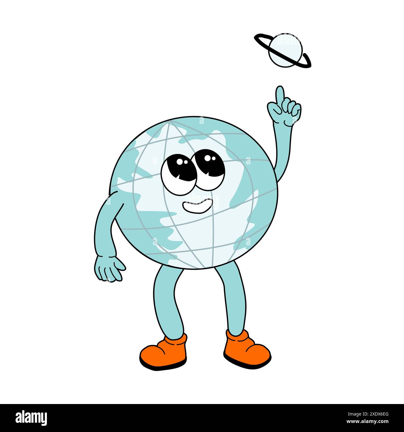 Fournitures scolaires pour enfants - globe de dessin animé dans un style groovy rétro. Mascotte drôle pour l'éducation retour à la bannière de l'école, la conception de couverture, l'affiche ou l'autocollant. y2k Illustration de Vecteur