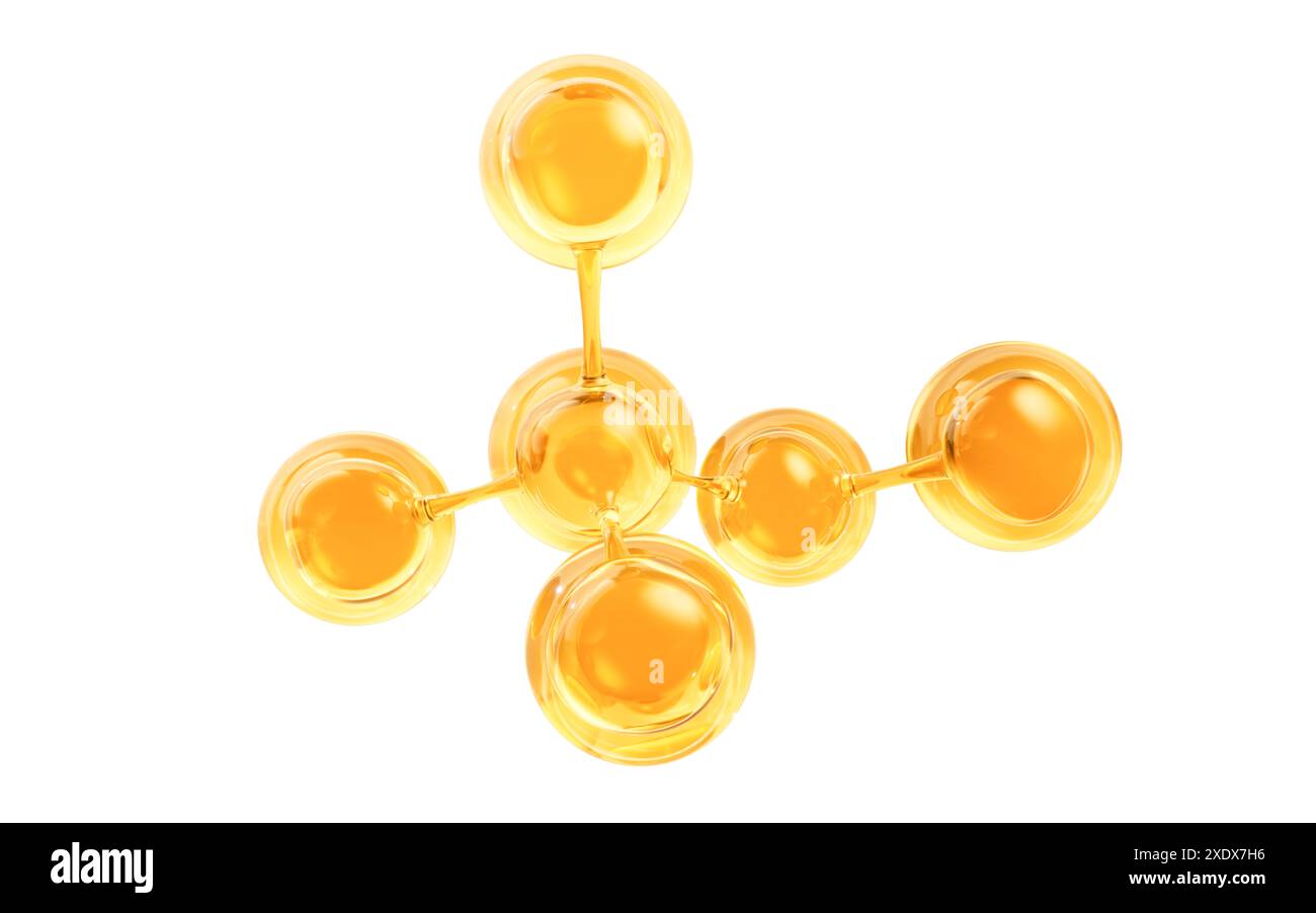 Molécule et bulle liquide dorée, rendu 3D. Illustration 3D. Banque D'Images
