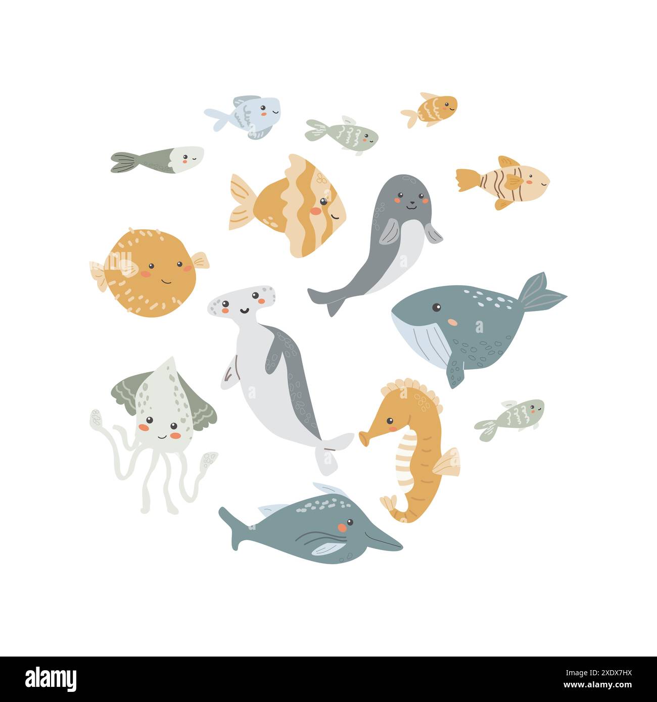 Fond d'animal marin pour enfants avec coquille. Carte d'éléments nautiques. Mignon poisson ou habitant de l'océan avec des algues, des coquillages. Vie sauvage marine, animaux marins Illustration de Vecteur