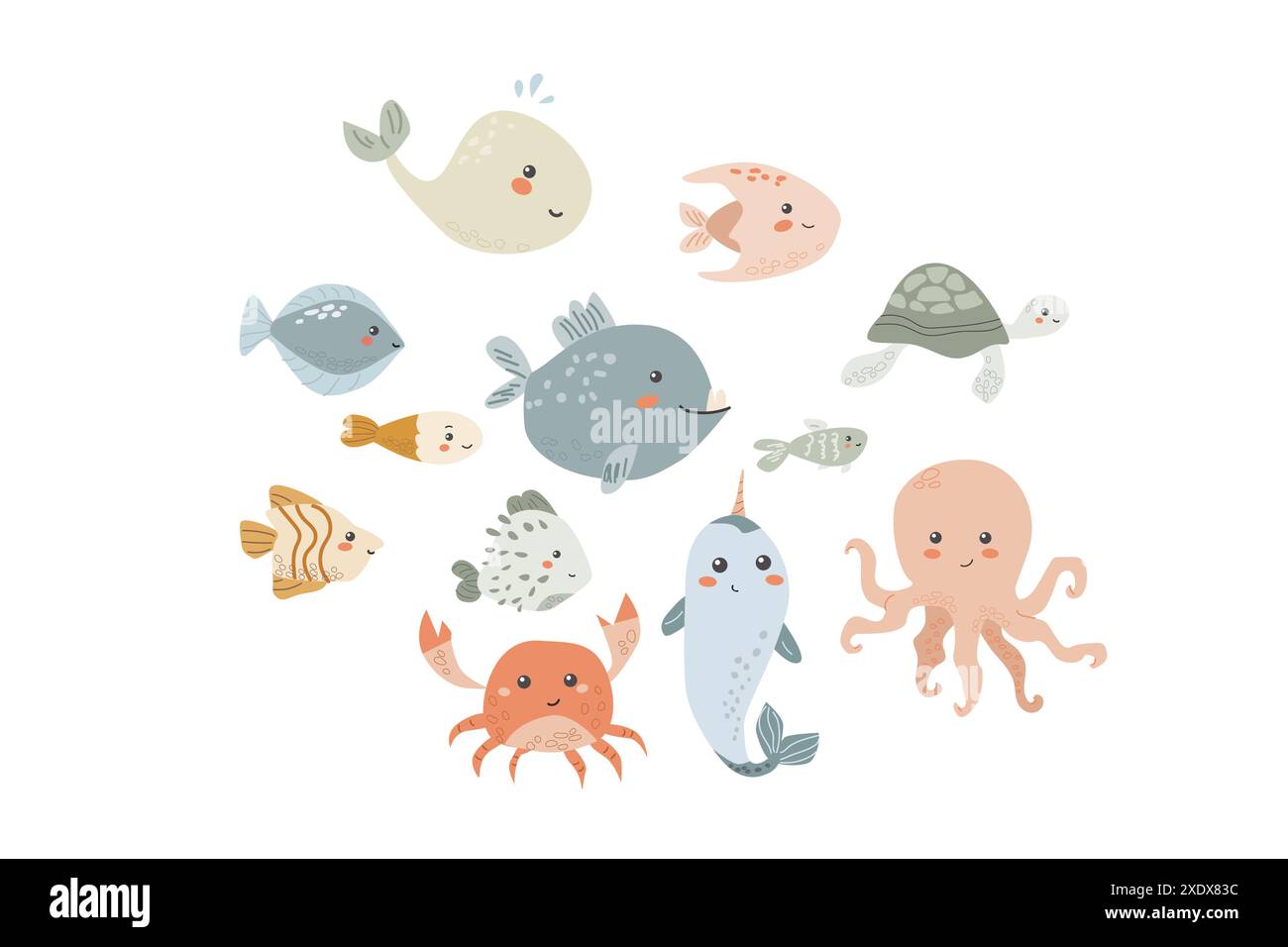 Fond d'animal marin pour enfants avec coquille. Carte d'éléments nautiques. Mignon poisson ou habitant de l'océan avec des algues, des coquillages. Vie sauvage marine, animaux marins Illustration de Vecteur