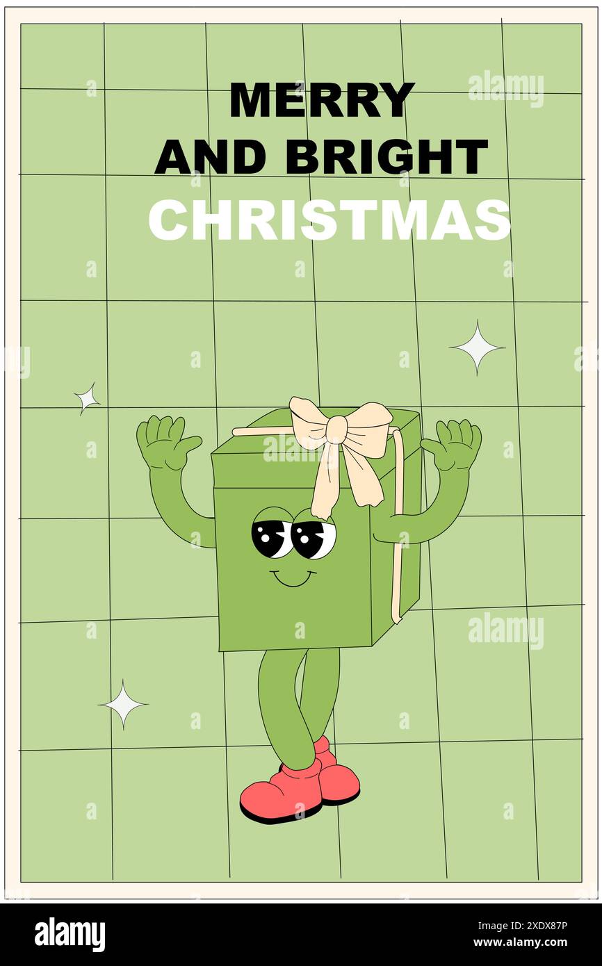 Bannière verticale de Noël avec caractère groovy. Personnage groovy de Noël avec affiche ou carte de voeux y2k Elements. Bonne année et Noël Templat Illustration de Vecteur