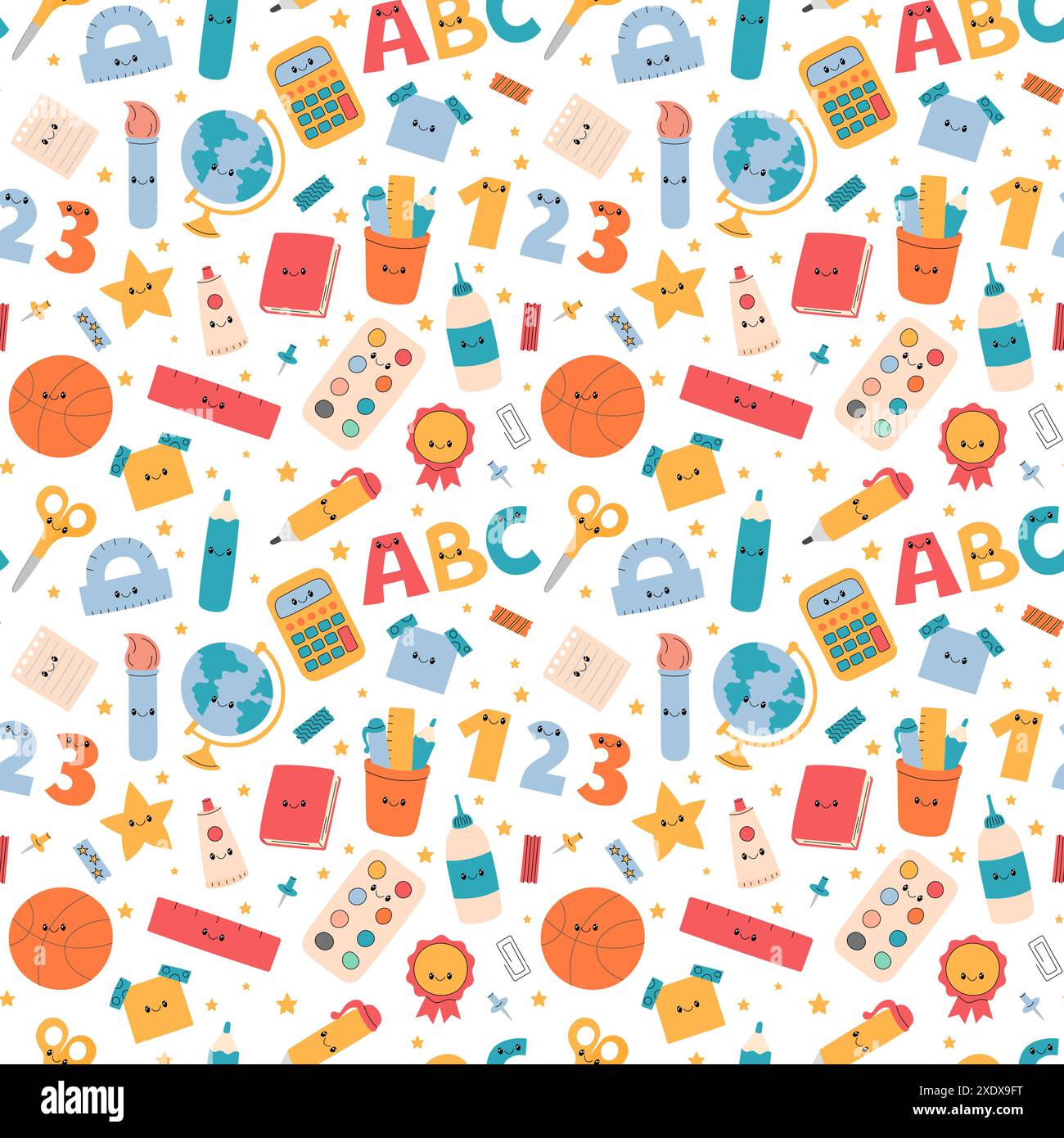 Motif vectoriel scolaire. Fond transparent avec des éléments éducatifs drôles. Fournitures scolaires, accessoires, outils. Papeterie de bureau répétée Illustration de Vecteur