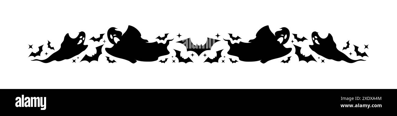 Bordure et diviseur de cadre d'Halloween avec des fantômes et des silhouettes vectorielles de chauves-souris. Bordure de bannière web de vacances d'horreur et décoration de page avec des ombres noires effrayantes de monstres fantômes et de chauves-souris volants d'Halloween Illustration de Vecteur