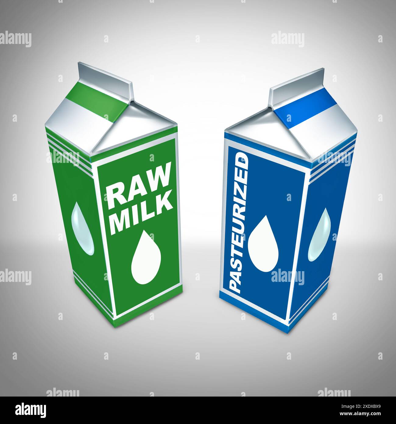 Lait cru VS industrie pasteurisée et laitière représentant la traite agricole comme une guerre culturelle avec choix de régime de style de vie. Banque D'Images