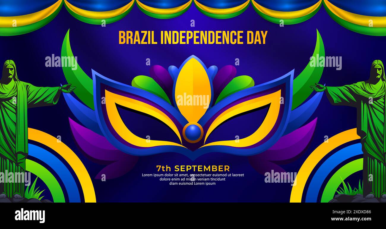 Bannière du jour de l'indépendance du Brésil, masque de carnaval du 7 septembre avec design du drapeau du brésil traduction : ordre et progrès Illustration de Vecteur