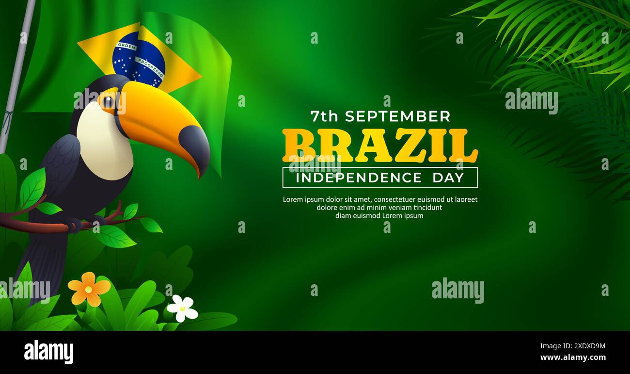 7 septembre Brésil Independence Day conception de bannière, oiseau toucan avec drapeau brésilien et feuilles tropicales traduction : ordre et progrès Illustration de Vecteur