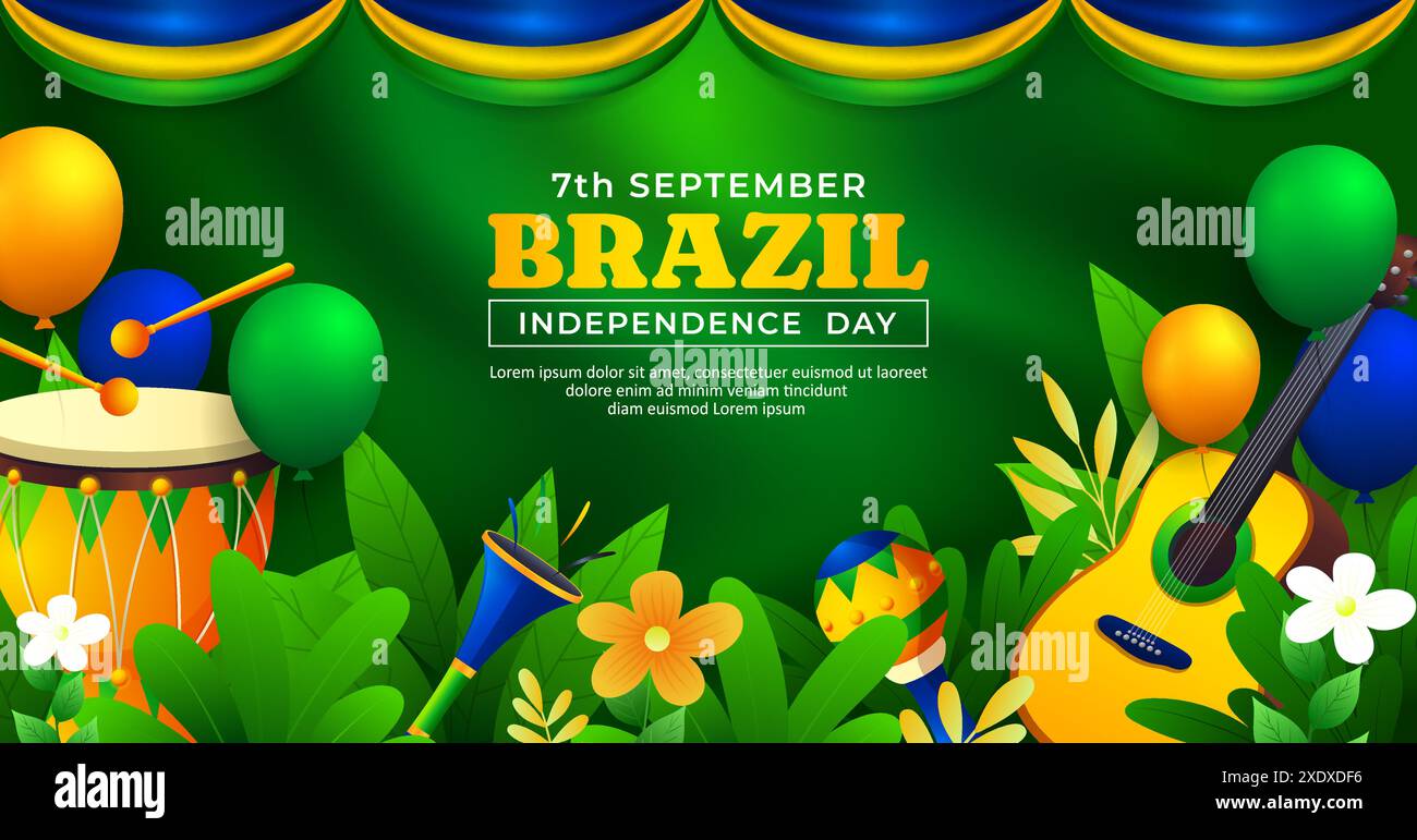 Design de bannière jour de l'indépendance du Brésil, célébration du 7 septembre avec des éléments colorés et des feuilles tropicales Illustration de Vecteur