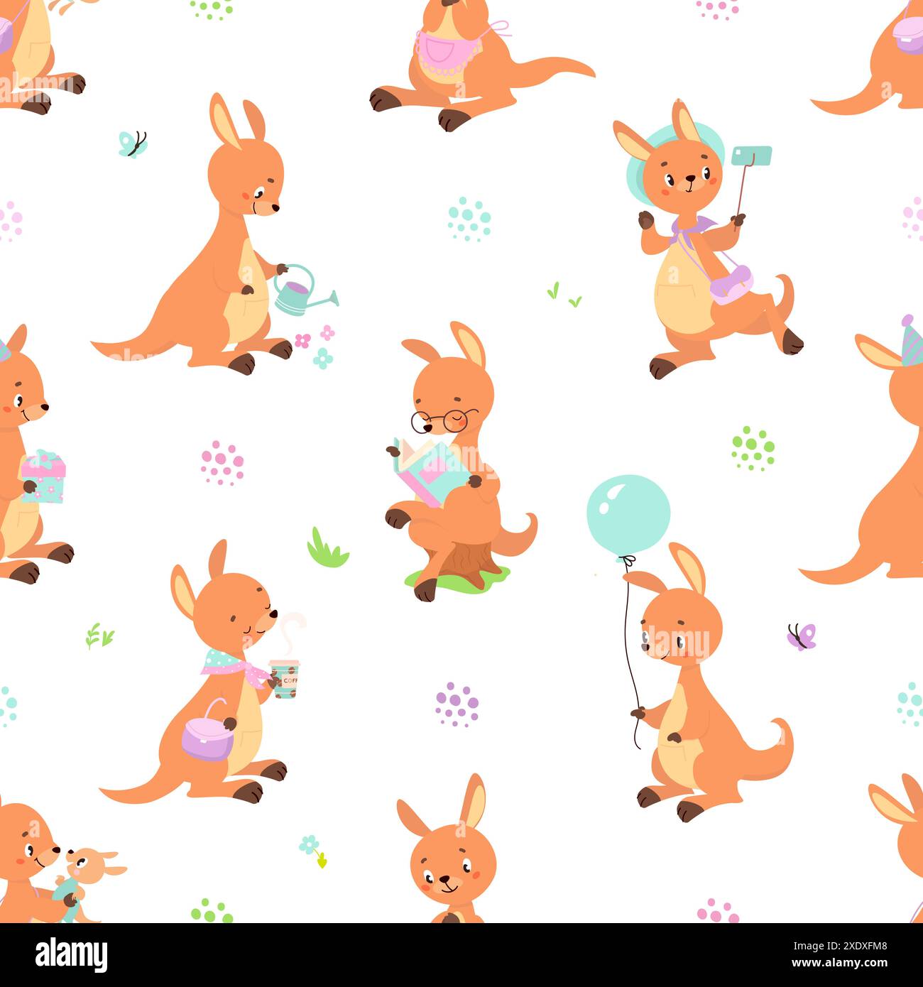 Motif kangourou sans couture. Activités animales australiennes mignonnes. Texture enfantine drôle pour tissu ou emballage, vecteur de fond positif de nos jours Illustration de Vecteur