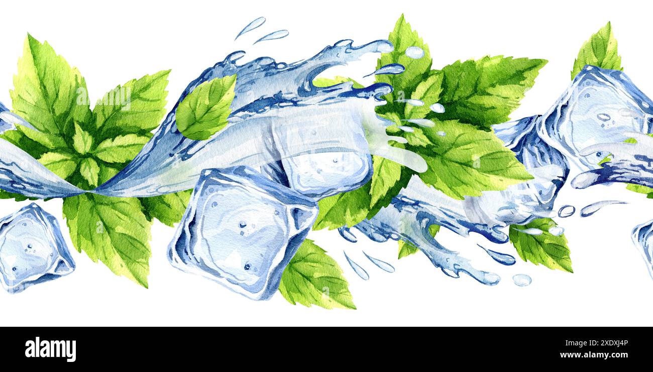 blocs de glace en cristal, planche sans couture avec des feuilles fraîches de menthe et jet d'eau, éclaboussures et ruisseau, ingrédients d'aquarelle dessinés à la main pour refre d'été Banque D'Images