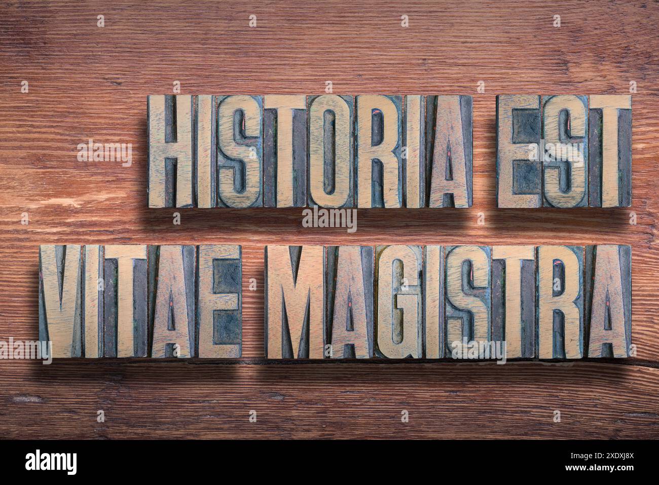 Historia est vitae magistra (L'histoire est le tuteur de la vie) phrase latine combinée sur une surface en bois verni vintage Banque D'Images