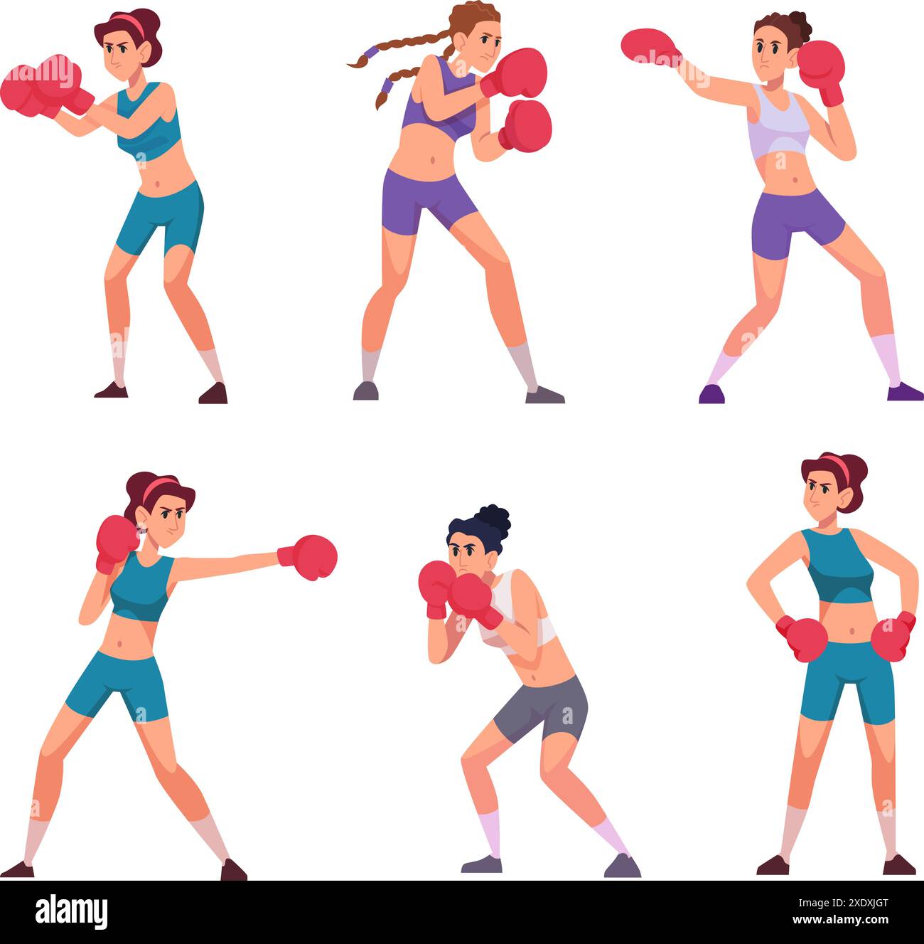 Boxe femme. Personnages sportifs féminins forts en action pose la formation de la femme d'entraînement dans les gants de boxe exact vecteur personne de dessin animé Illustration de Vecteur