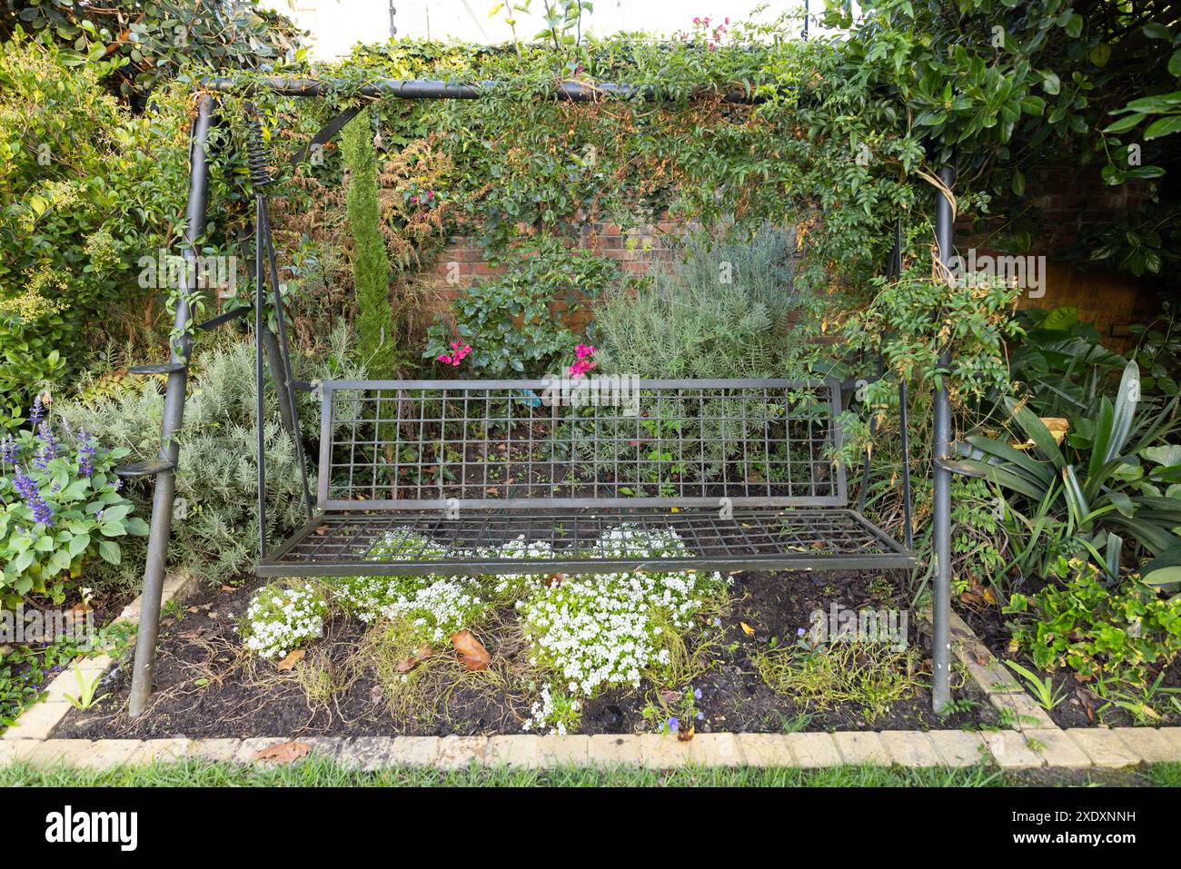 Banc oscillant de jardin entouré de verdure luxuriante et de fleurs colorées, espace copie Banque D'Images