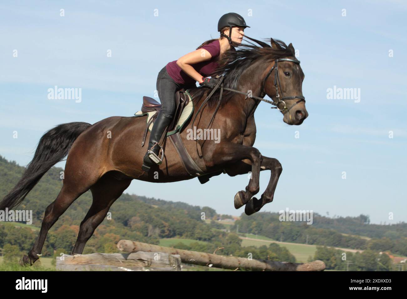 Fille sautant avec son cheval Banque D'Images