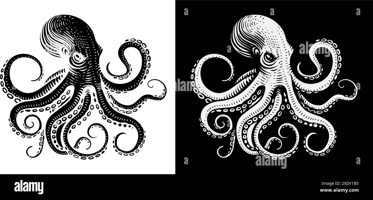 Octopus Cthulhu Tattoo Woodcut Kraken Mascot Squid Illustration de Vecteur