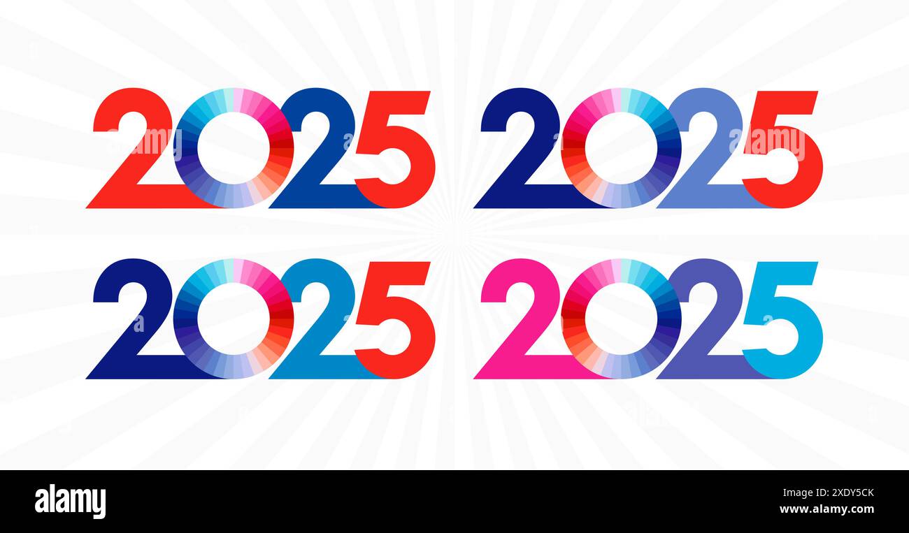 Collection de 2025 icônes du nouvel an. logo de l'année fiscale 2025 avec les couleurs rouge, bleu et blanc. Fond de poutres radiales créatives. Ensemble de symboles de vacances. Illustration de Vecteur