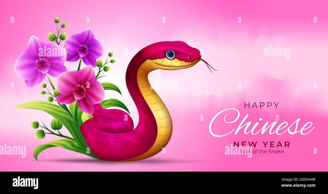 Joyeux modèle de bannière du nouvel an chinois 2025, signe du zodiaque Snake avec illustration de fleur d'orchidée mignonne Illustration de Vecteur