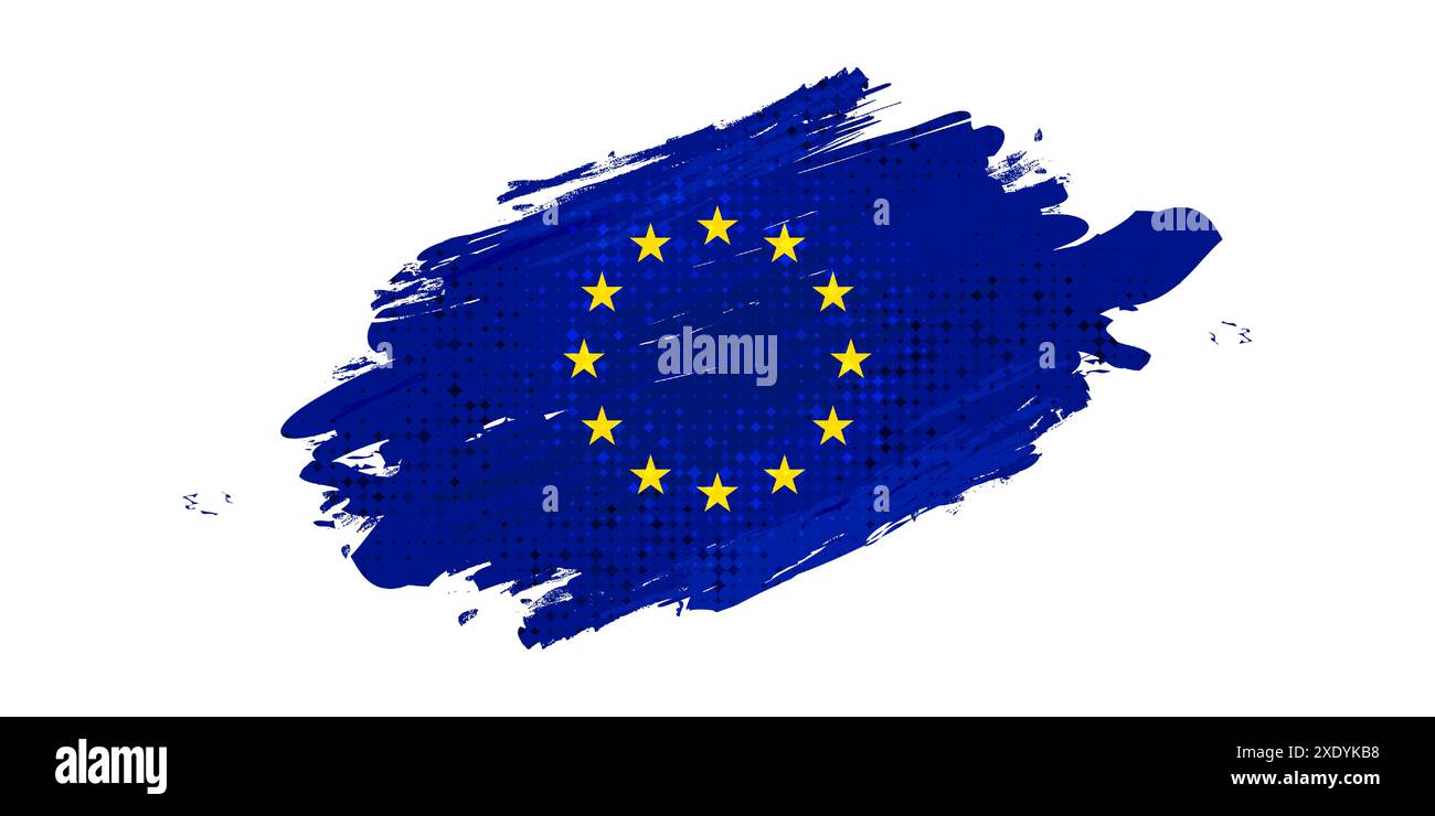 Drapeau de l'Union européenne dans le style de peinture au pinceau avec effet demi-ton. Drapeau de l'Europe avec Grunge concept Illustration de Vecteur
