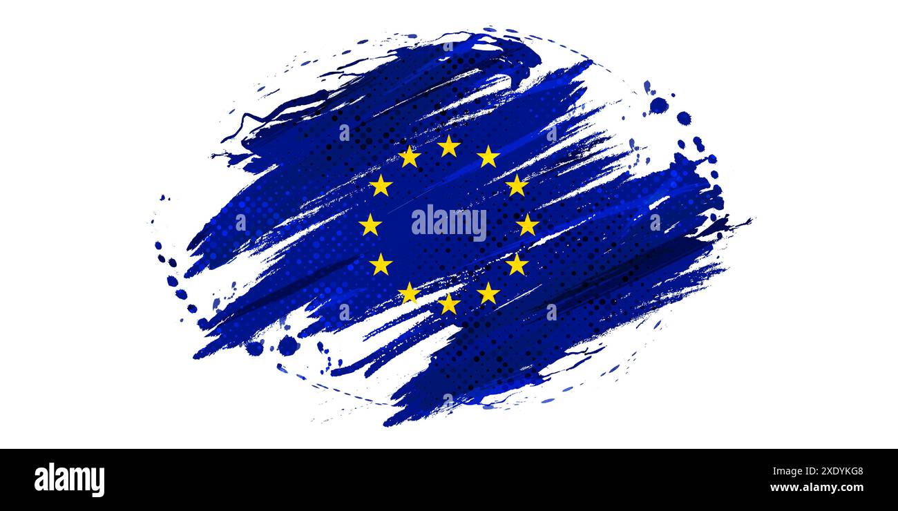 Drapeau de l'Union européenne dans le style de peinture au pinceau avec effet demi-ton. Drapeau de l'Europe avec Grunge concept Illustration de Vecteur