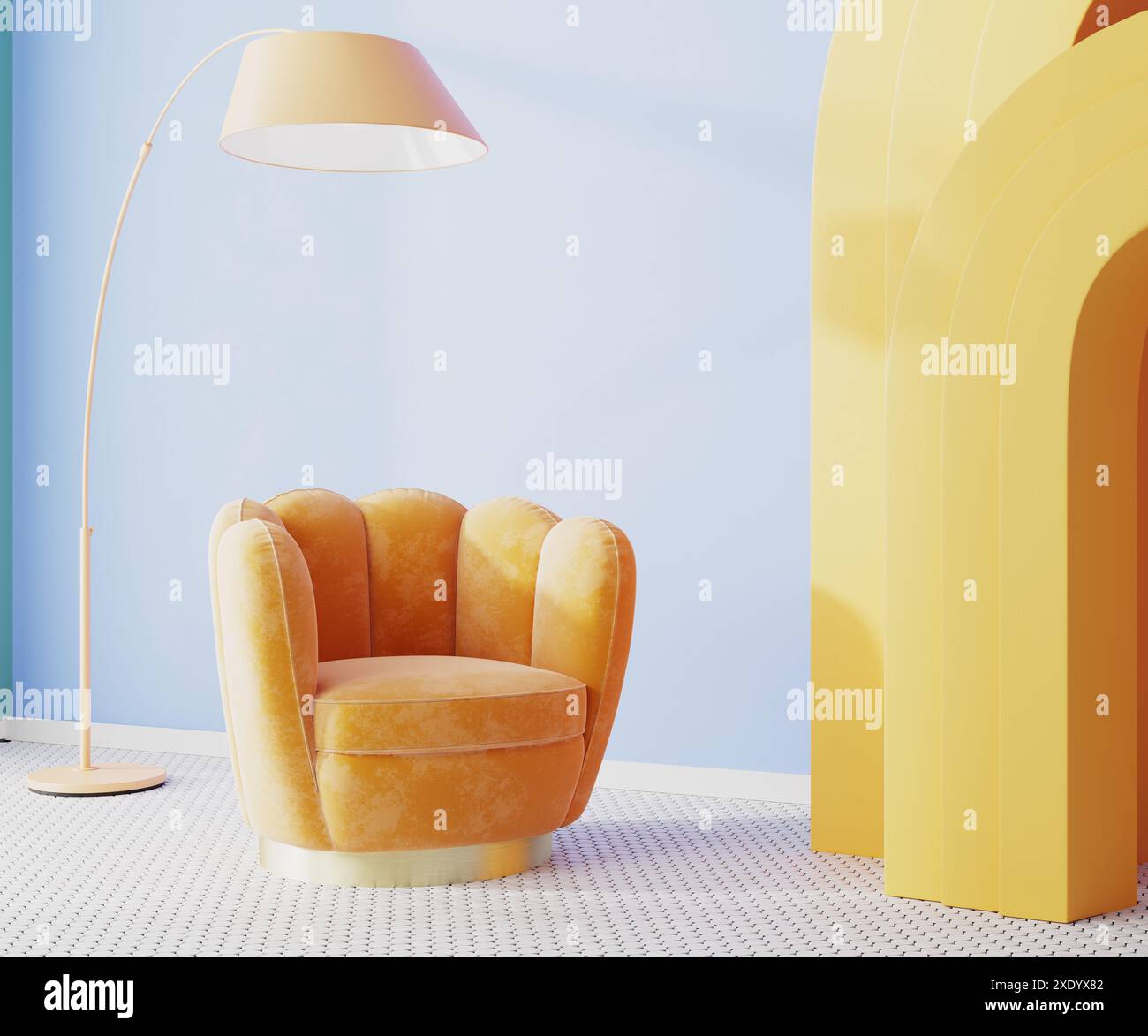 Fauteuil orange et lampadaire avec arc jaune et mur bleu, intérieur de la pièce, rendu 3D. Banque D'Images