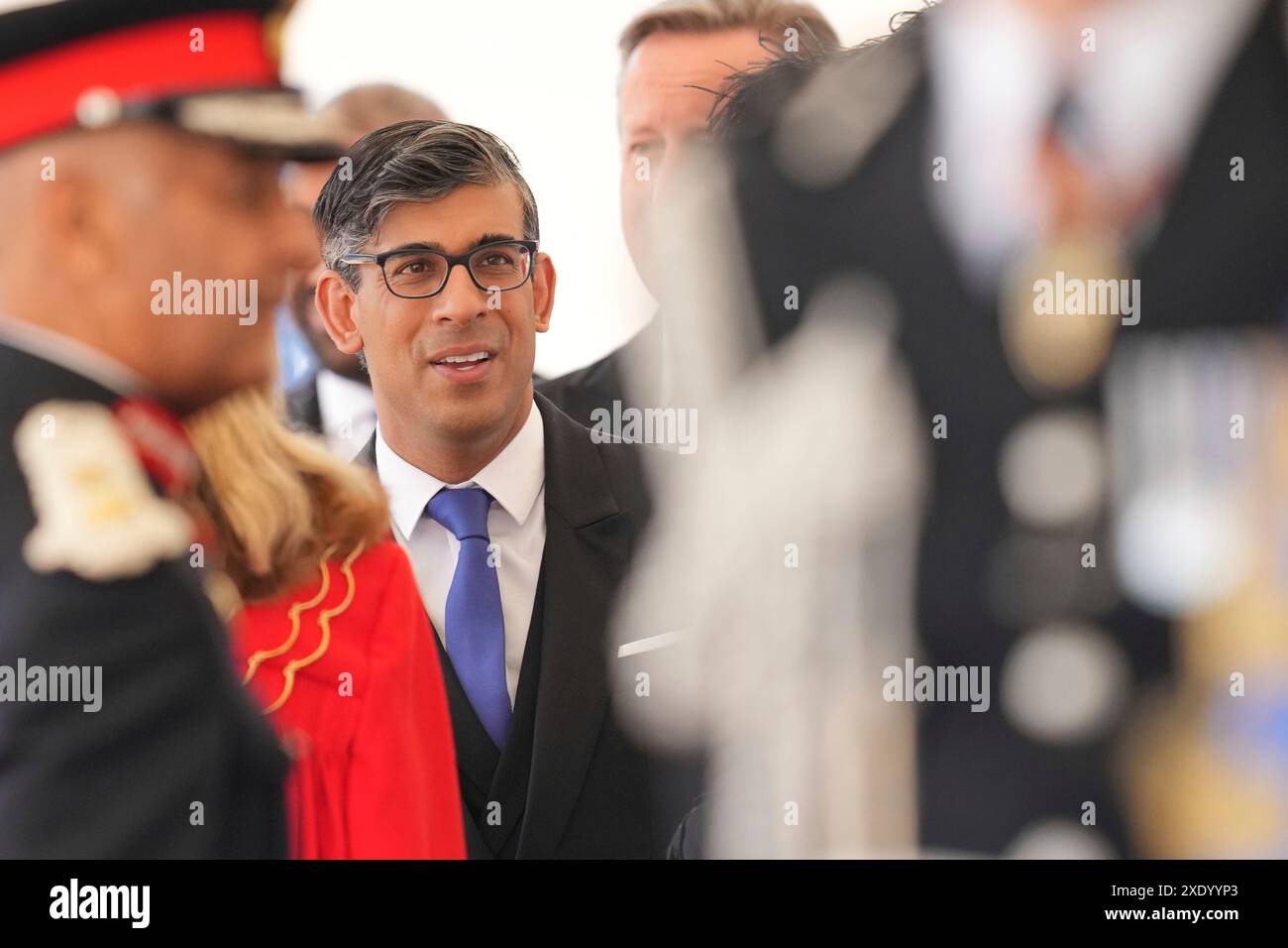 Le premier ministre Rishi Sunak arrive pour la cérémonie de bienvenue à Horse Guards Parade, Londres, pour la visite d'État au Royaume-Uni de l'empereur Naruhito et de son épouse l'impératrice Masako du Japon. Date de la photo : mardi 25 juin 2024. Banque D'Images