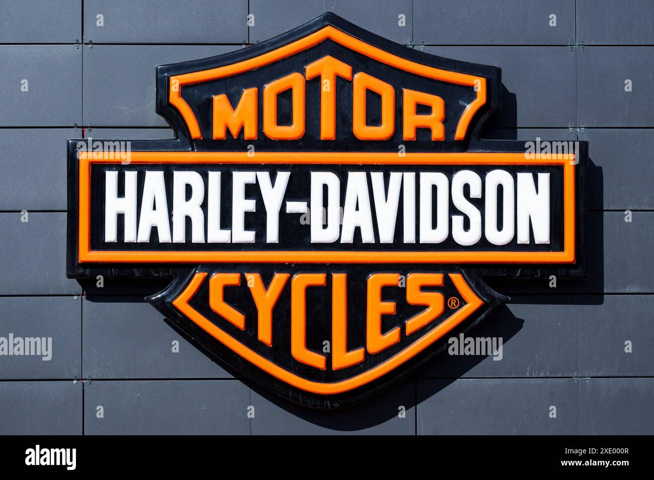 Panneau Harley-Davidson au centre commercial du salon de moto Banque D'Images