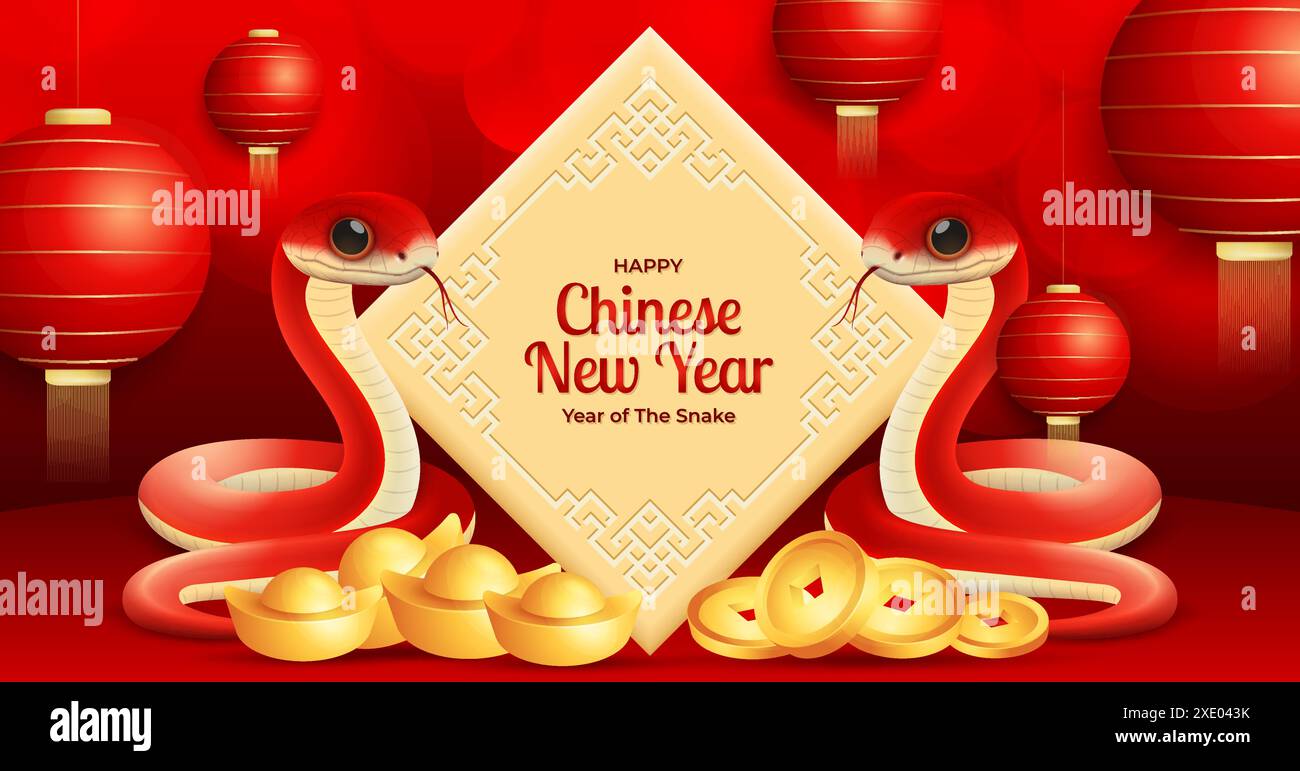 Joyeux modèle de bannière du nouvel an chinois 2025, signe du zodiaque Snake avec des pièces d'or, des lingots et des ornements chinois. Illustration de Vecteur