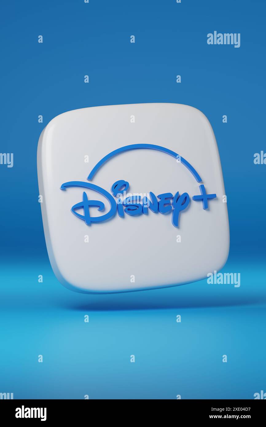 Logo Disney plus en trois dimensions sur fond bleu. illustration 3d. Banque D'Images