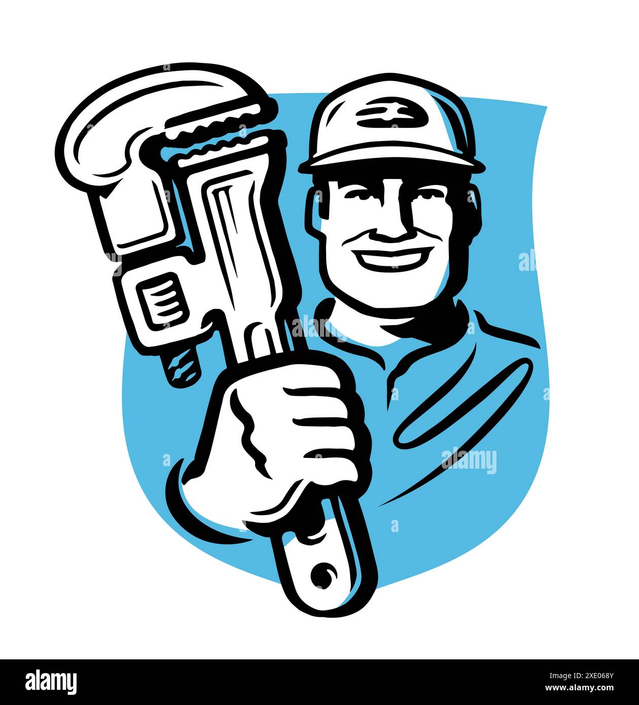 Plombier, ouvrier de construction tenant une clé, outil. Emblème de travaux de construction ou de réparation, logo. Illustration vectorielle Illustration de Vecteur