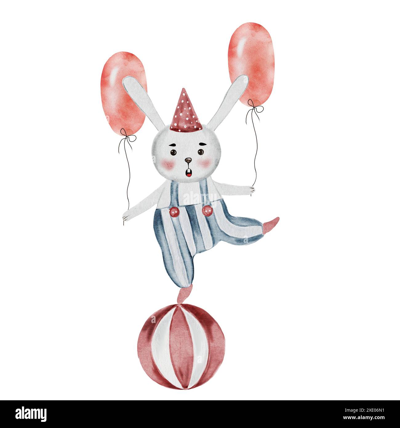 Aquarelle Circus banny. Animal mignon sur le dessin de main vintage de balle. Clip art bébé isolé sur fond rétro blanc. Idéal pour les affiches de pépinière Banque D'Images