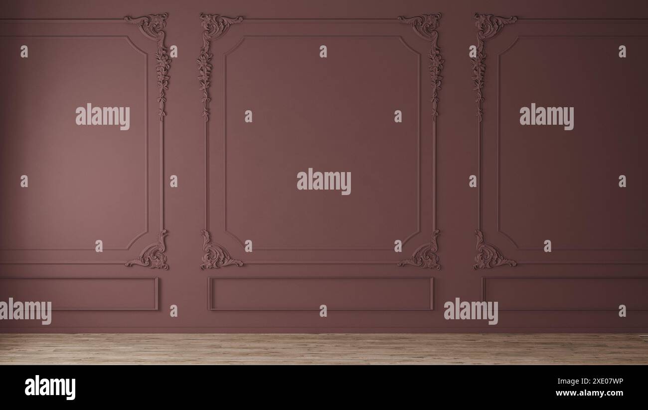 Mur de ton rouge avec moulures de style classique et plancher en bois, intérieur de pièce vide, rendu 3D. Banque D'Images
