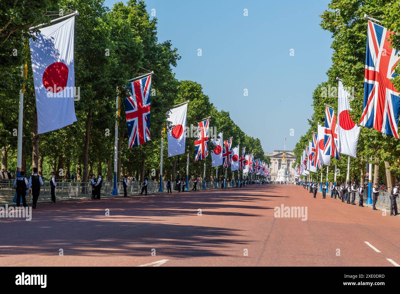 The Mall, Londres, Royaume-Uni. 25 juin 2024. Le Mall décoré de drapeaux japonais et britanniques avant leur Majesté l'empereur Naruhito du Japon et son épouse l'impératrice Masako, visite d'État du Japon au Royaume-Uni. Crédit : Amanda Rose/Alamy Live News Banque D'Images