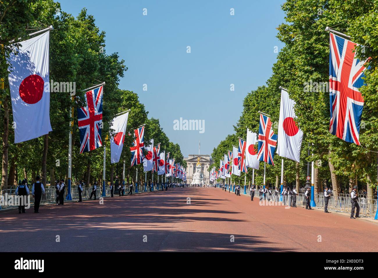 The Mall, Londres, Royaume-Uni. 25 juin 2024. Le Mall décoré de drapeaux japonais et britanniques avant leur Majesté l'empereur Naruhito du Japon et son épouse l'impératrice Masako, visite d'État du Japon au Royaume-Uni. Crédit : Amanda Rose/Alamy Live News Banque D'Images