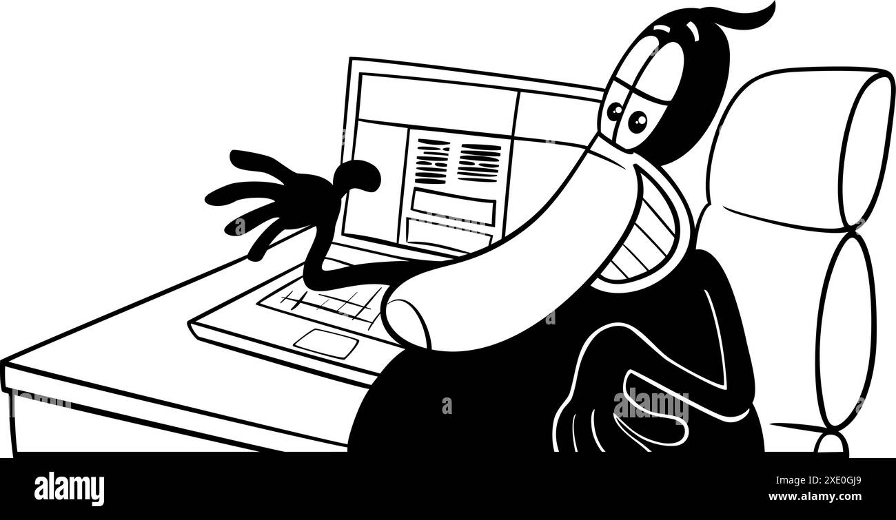 Illustration de dessin animé du personnage drôle d'animal de canard noir avec ordinateur portable derrière la page de coloriage de bureau Illustration de Vecteur