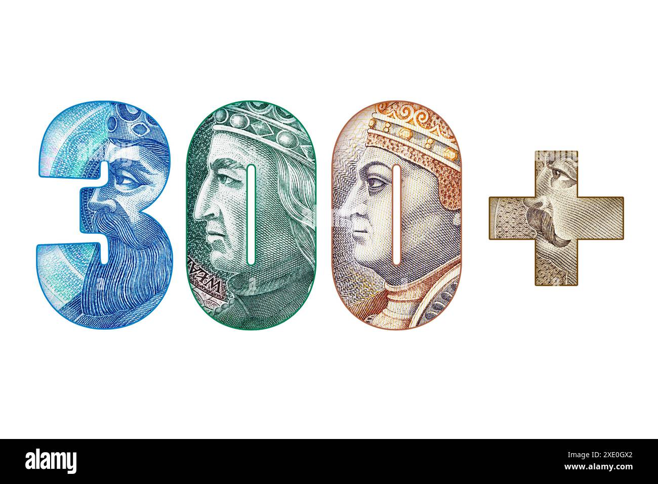 Inscription 300+ (soutien social systémique du gouvernement pour les enfants polonais commençant l'école) faite de billets de banque polonais isolés sur fond blanc Banque D'Images