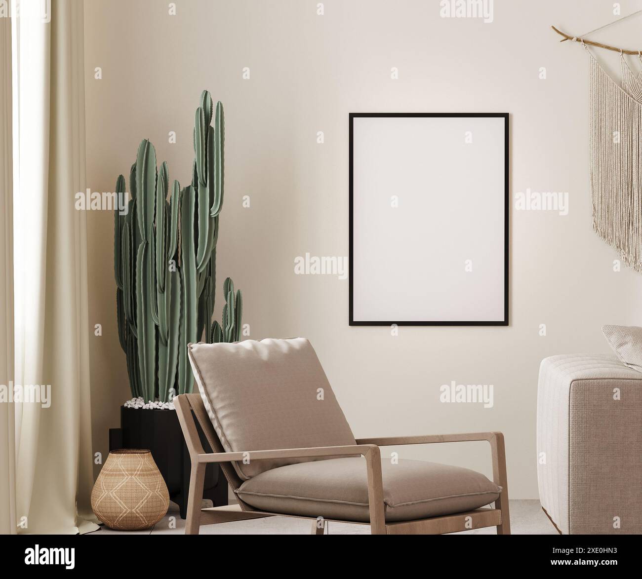 Maquette de cadre d'affiche en arrière-plan intérieur boho avec mur beige, fauteuil et cactus, illustration de rendu 3D. Banque D'Images
