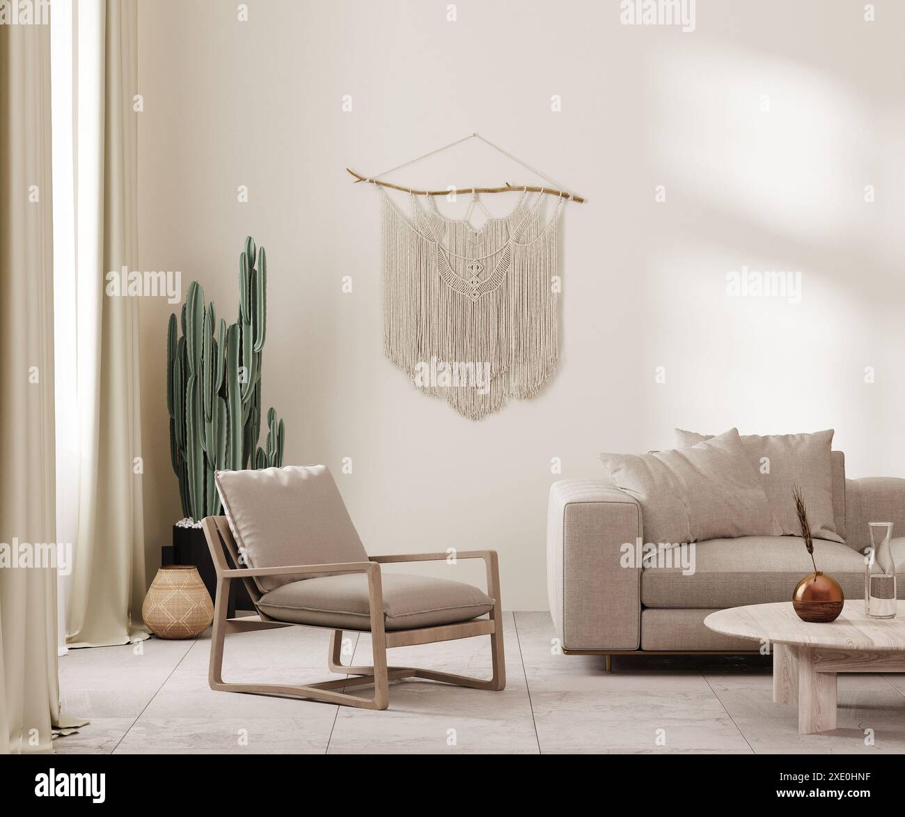 Intérieur de style boho dans les tons de terre, mur beige, fauteuil et canapé, décor et cactus, macramé sur le mur, rendu 3d. Banque D'Images