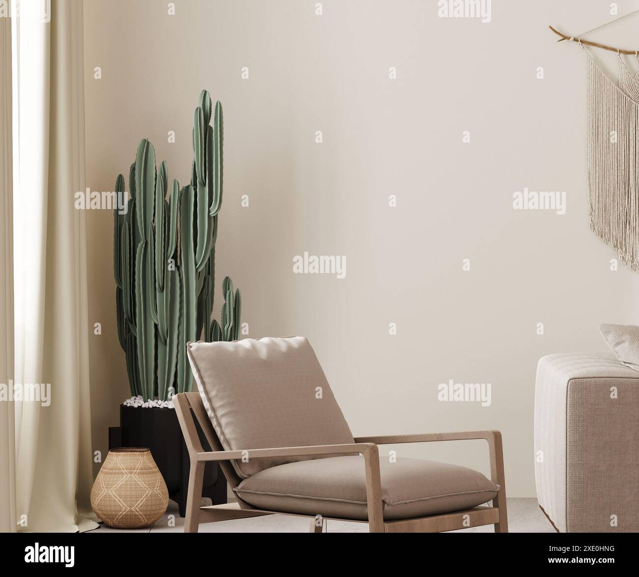 Maquette de mur beige vide dans le pays, fond intérieur de style boho avec fauteuil, cactus et macramé, rendu 3D. Banque D'Images