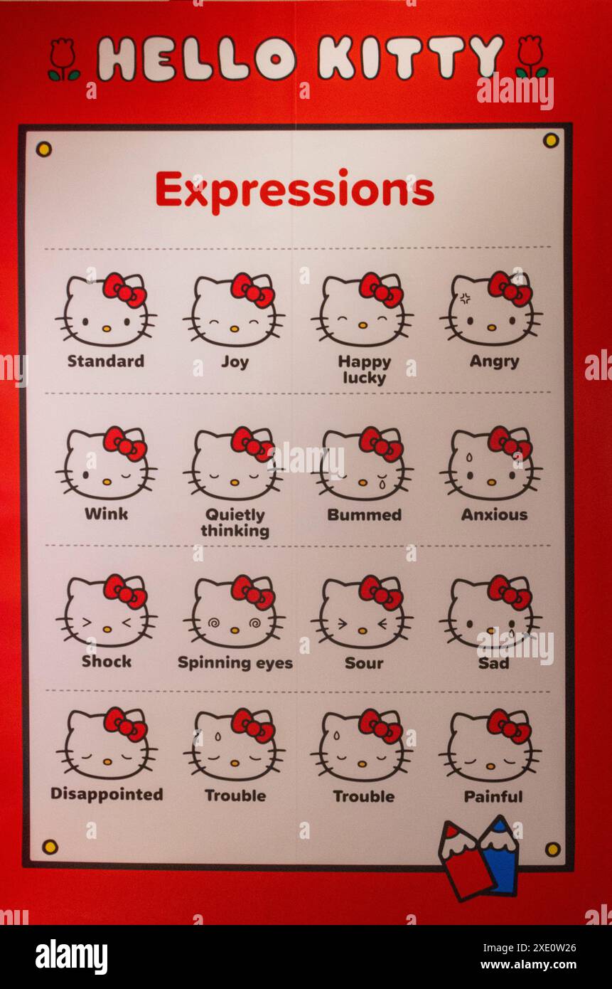 Affiche des expressions Hello Kitty, exposition spéciale Hello Kitty 50e anniversaire, Dongdaemun Design Plaza, Séoul, Corée du Sud Banque D'Images