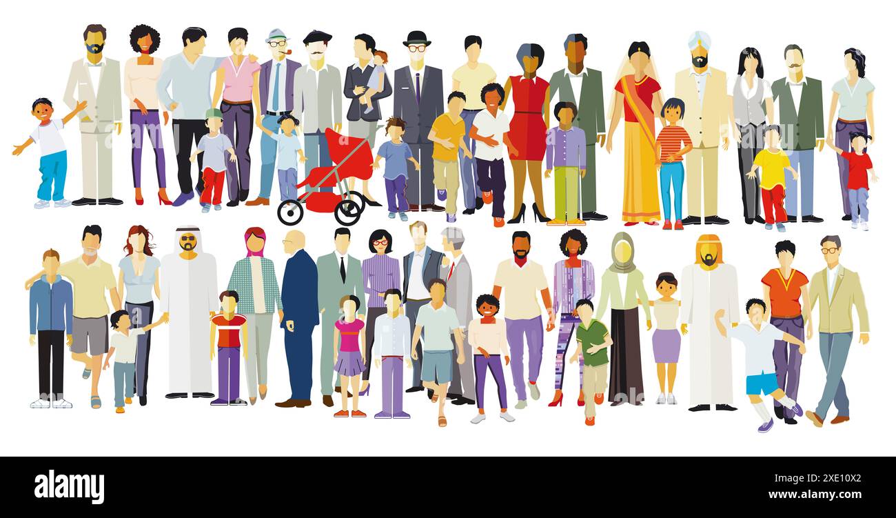 Grand groupe familial dans la communauté isolé sur fond blanc. illustration Banque D'Images