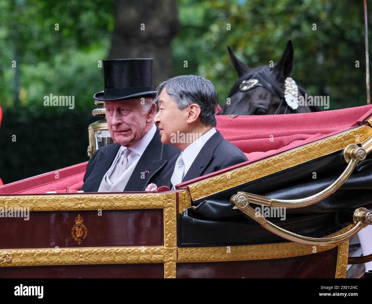 Londres, Royaume-Uni, 25 juin 2024. Le roi Charles III et l'empereur Naruhito montent ensemble dans une procession en calèche sur le Mall jusqu'au palais de Buckingham, après une cérémonie de bienvenue dans la parade des gardes à cheval le premier d'une visite d'État de trois jours de l'empereur et impératrice du Japon. Crédit : onzième heure photographie/Alamy Live News Banque D'Images