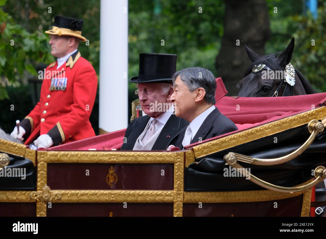 Londres, Royaume-Uni, 25 juin 2024. Le roi Charles III et l'empereur Naruhito montent ensemble dans une procession en calèche sur le Mall jusqu'au palais de Buckingham, après une cérémonie de bienvenue dans la parade des gardes à cheval le premier d'une visite d'État de trois jours de l'empereur et impératrice du Japon. Crédit : onzième heure photographie/Alamy Live News Banque D'Images