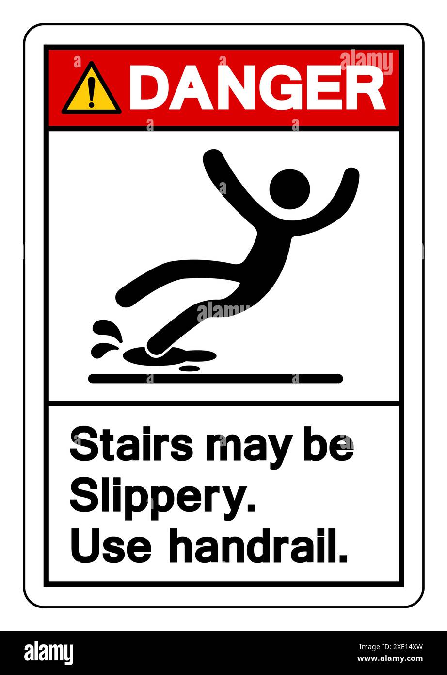 Danger les escaliers peuvent être glissants utiliser le symbole de main courante, illustration vectorielle, isoler sur l'étiquette de fond blanc. EPS10 Banque D'Images