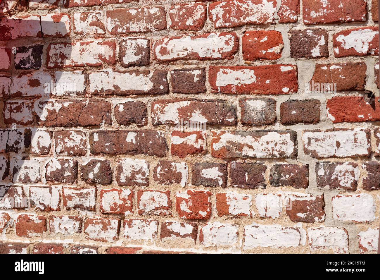 Mur de briques précédemment peint avec des restes de peinture blanche sur des briques d'argile rouge. Banque D'Images
