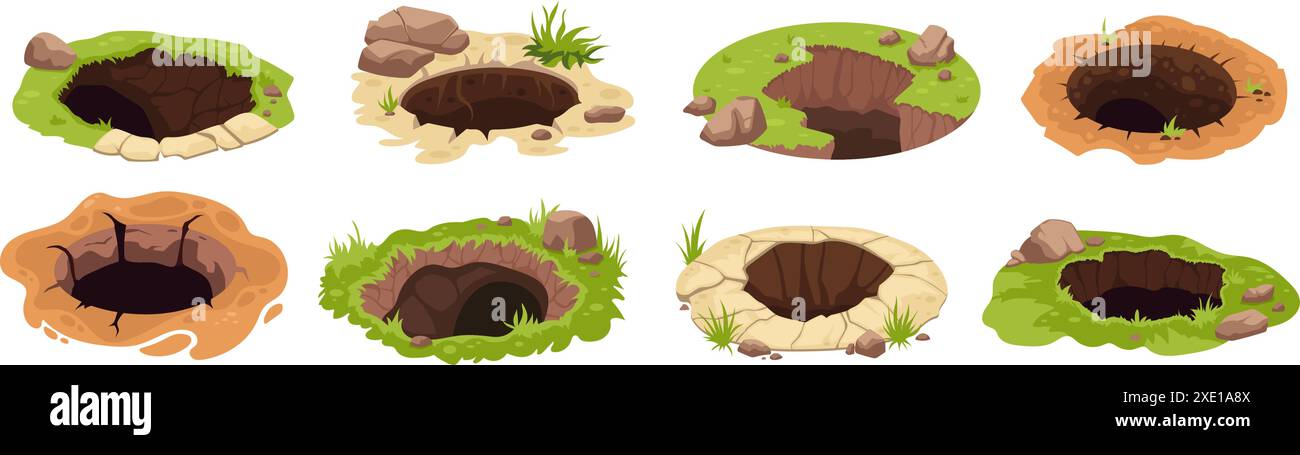 Piqûres de sol. Grand sol de fosse de creusement, terre trou terre terre terre terre terre terre terre terre terre forêt marmotte entrée terrier profondément trous souterrains set dessin animé illustration vectorielle ingénieuse Illustration de Vecteur