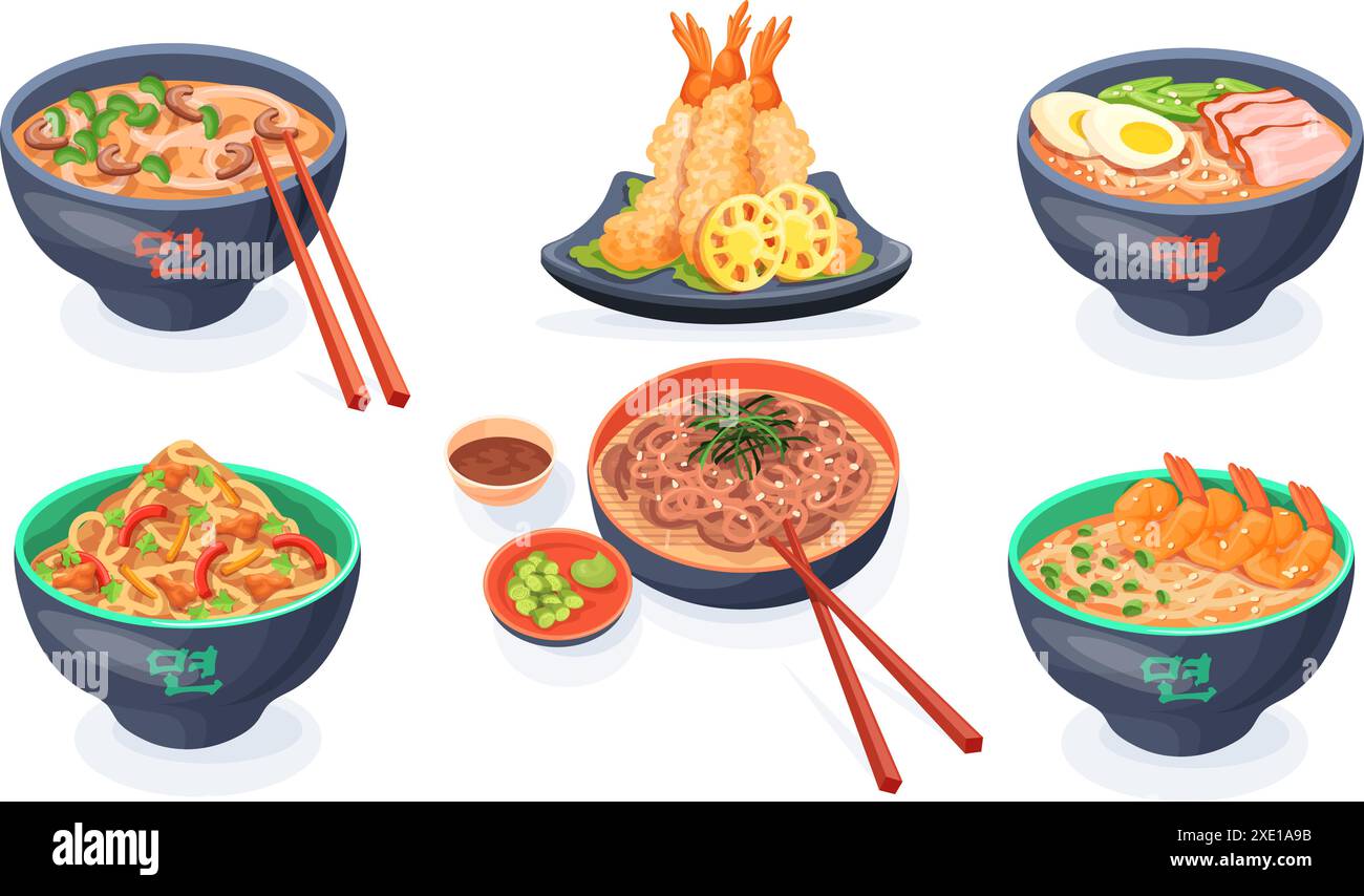 Ensemble de bols à nouilles japonaises. Variété asiatique de nourriture chinoise coréenne plats de soupe thaïlandaise, assiette de bol de nouilles ramen udon soba avec légumes de sauce aux crevettes à la viande de poulet, illustration vectorielle soignée Illustration de Vecteur