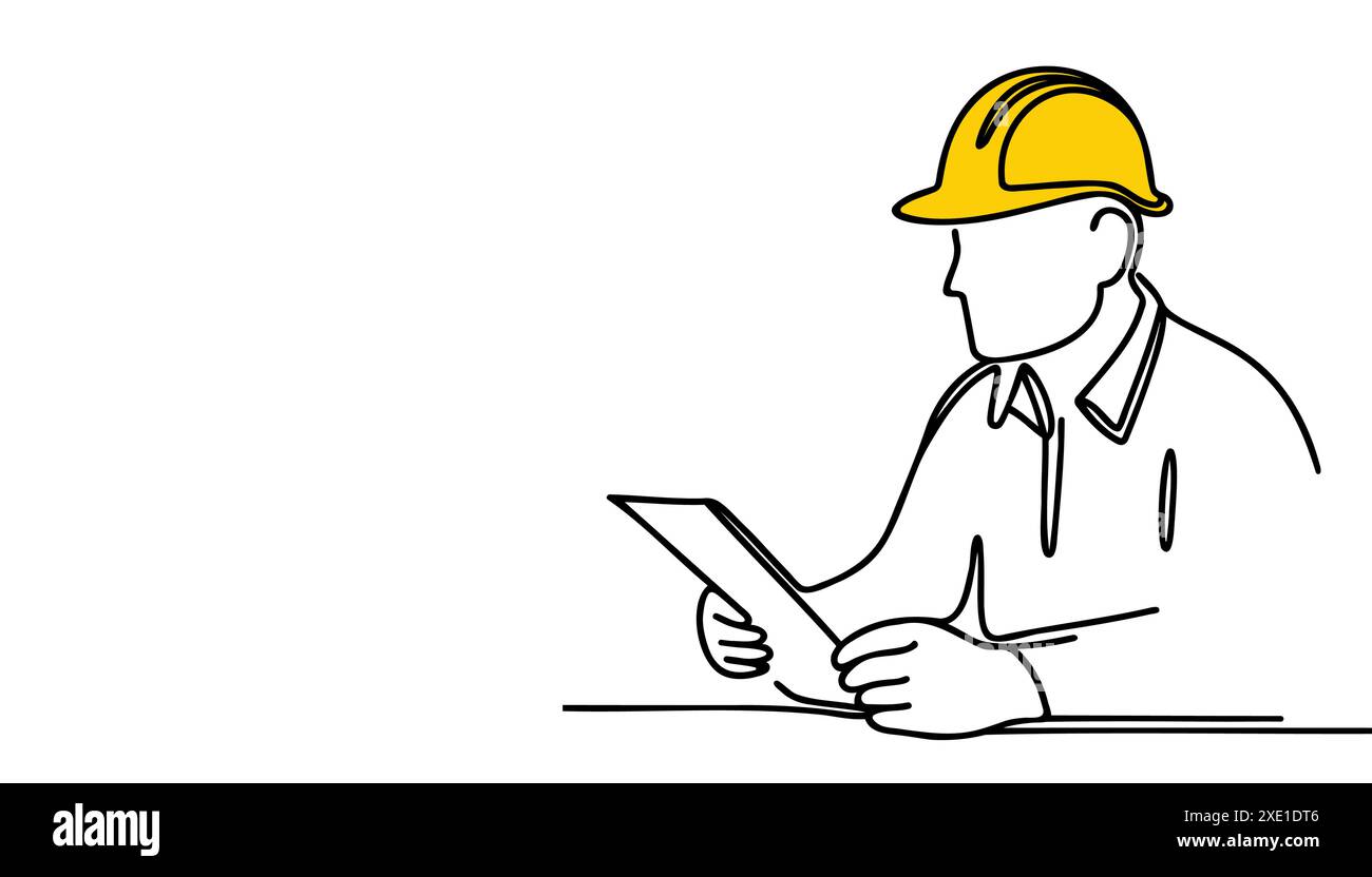 Dessin au trait continu d'un jeune homme architecte-ingénieur assis à un bureau et écrivant une note d'affaires sur papier dans une tablette portant un casque de sécurité. Illustration de Vecteur