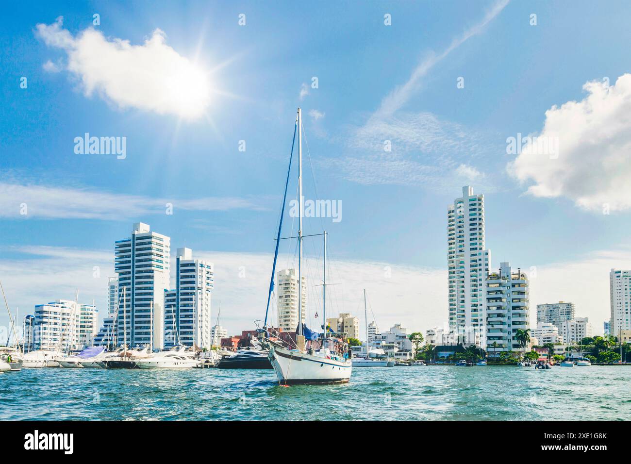 Voiliers ancrés dans un port de ville côtière sereine, avec en toile de fond des gratte-ciel modernes et un ciel bleu vif avec des nuages moelleux. Banque D'Images