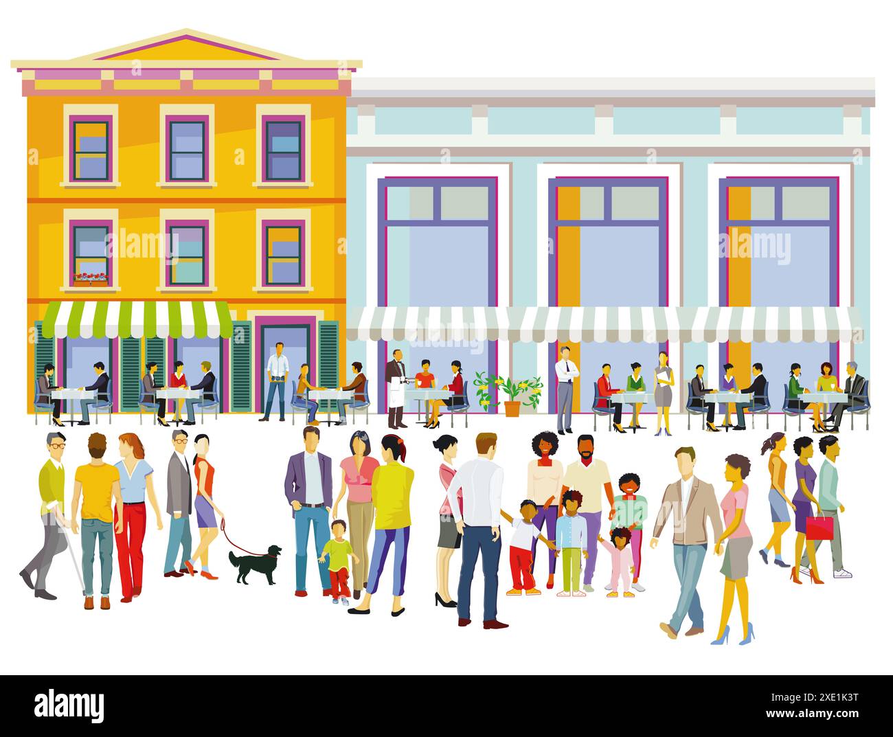 Silhouette de ville avec des groupes de personnes en temps libre dans le quartier résidentiel, illustration Banque D'Images