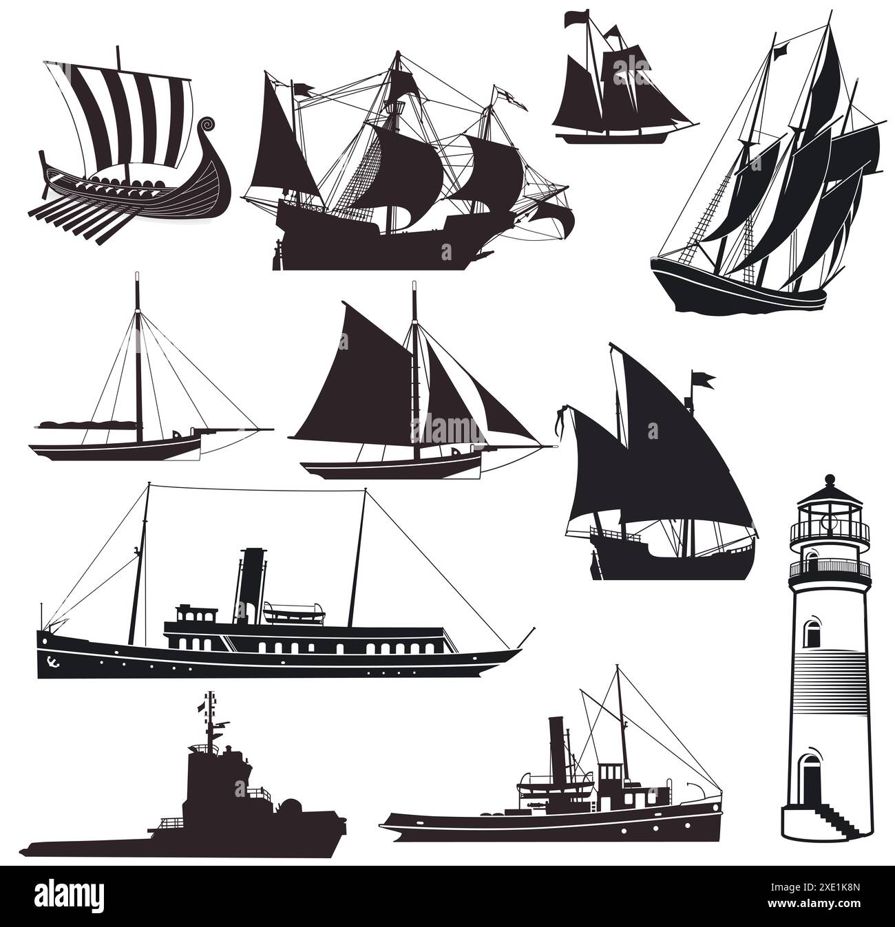 Phare avec navires et voiliers isolés sur blanc, illustration Banque D'Images